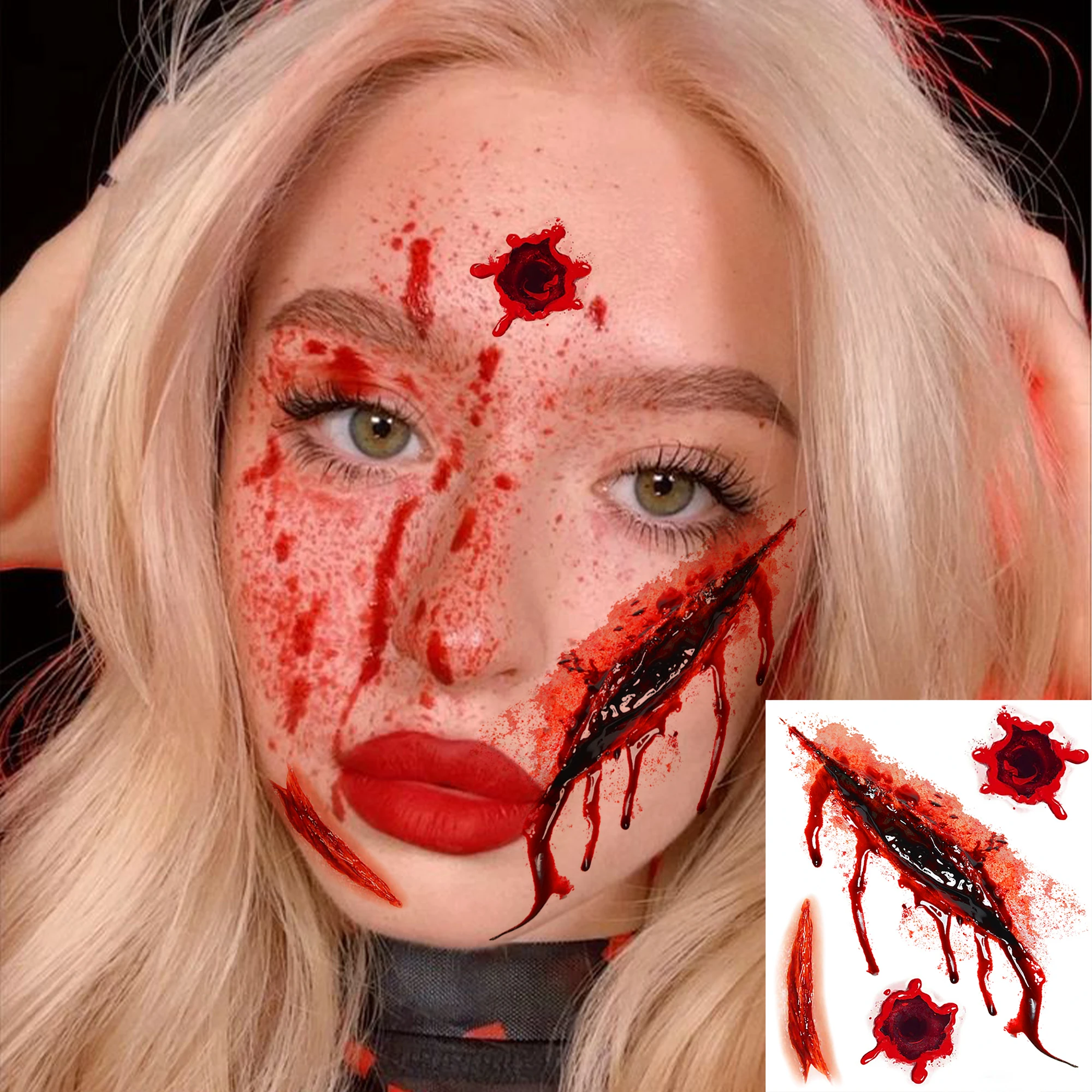 1 Sheet Halloween Realistic Horror Bloody Laceration Bruise Vein Wound Facial Temporary Tattoo Stickers, Waterproof Fake Tattoos