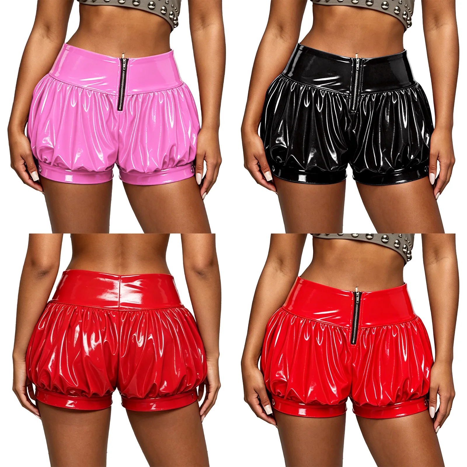 Women Shiny Patent PU Leather High Waist Lantern Shorts Front Zip Gathered Puff Balloon Shorts Buckle Leg Cuffs Club Party Pants