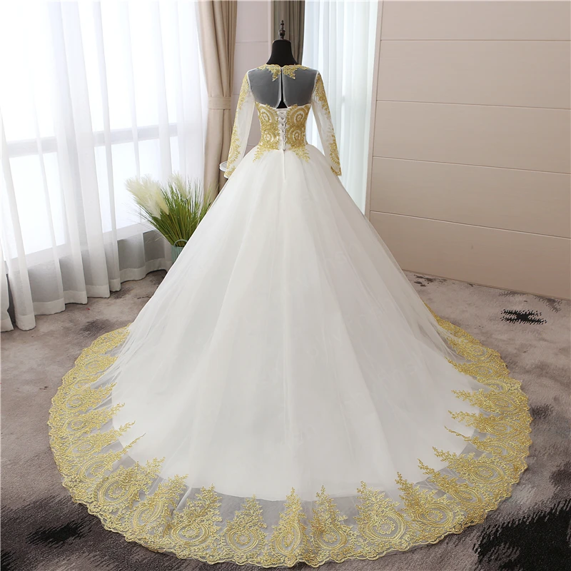 Vestidos de novia musulmanes de manga larga para mujer, vestidos de novia de talla grande 75, con apliques de encaje dorados, bordados, escote Corazón, blanco, azul y rojo