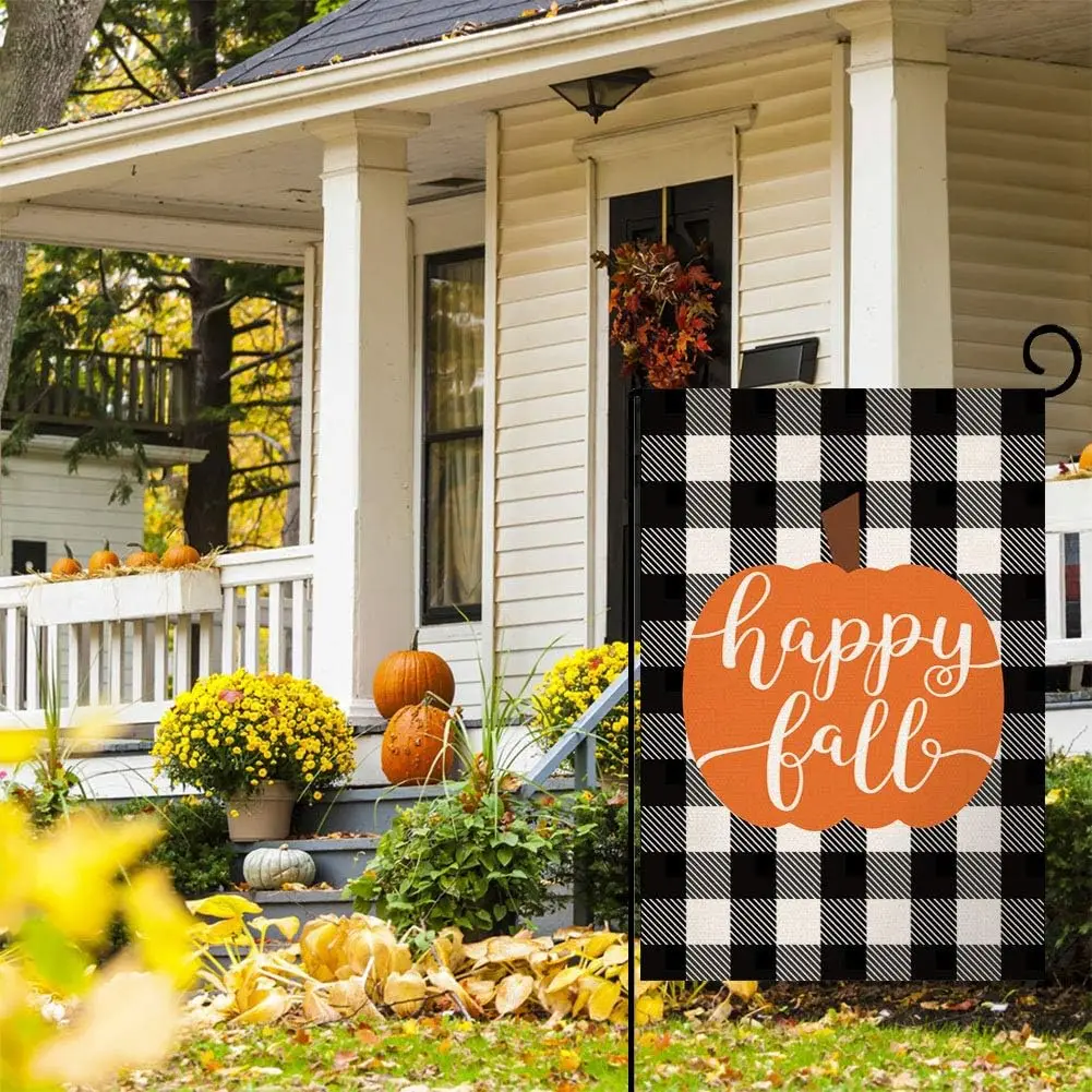 Happy Fall Pumpkin Thanksgiving Garden Flag Vertical Double Sided Farmhouse Autumn Buffalo Check Burlap Yard Outdoor Decor 1 SSL