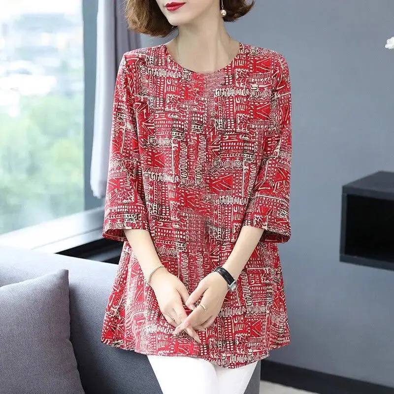 2023 Summer Women Fashion Print Round Neck Three Quarter Sleeve Elegant T Shirts Loose Tunic Ladies Tops Ropa De Mujer Camisetas