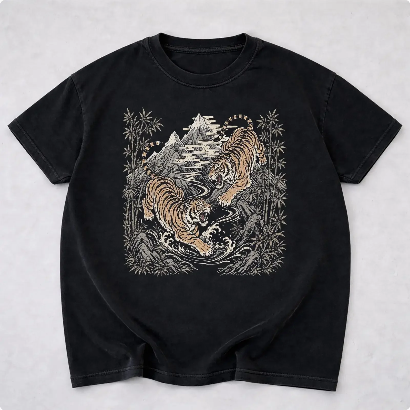 Japanese Tiger Fight T Shirt Tattoo Flash 90s Wild Cat Art vintage Washed designer clothes Comfortable Slightly Stylish Soft