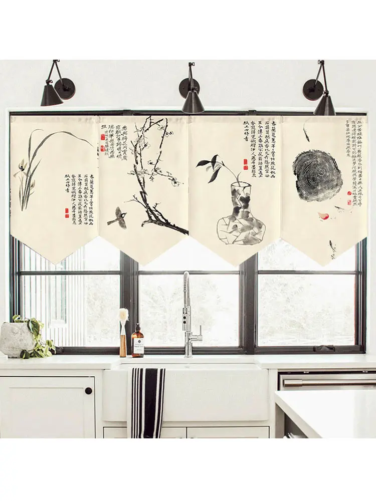 Chinese Style Noren - Single Panel Door Curtain, Random Design (Branches, Birds, Umbrella) for Restaurant & Home Decor