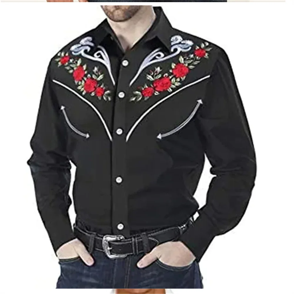 Casual Western Men\'s Shirt Denim Western Shirt Outdoor Street Casual Daily Autumn and Winter Cuffed Long Sleeve Top