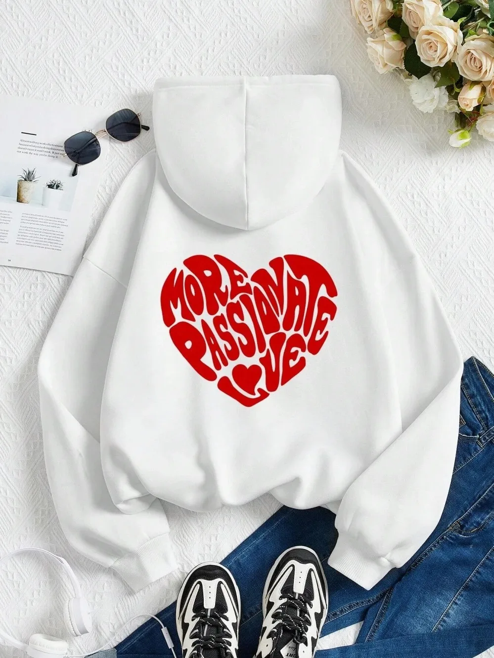 More Passionate Love Letter Graphic Printing Cotton Female Hoodie Simple Casual Couples Hooded Pullover Loose Hipster Sportswear