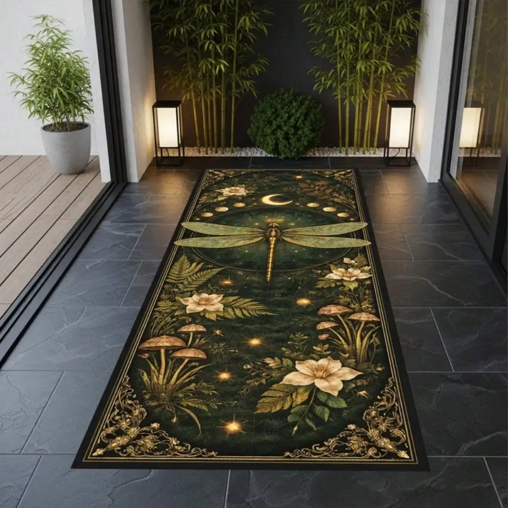 Dragonfly Botanical Moon Phase Green Runner Rug For Hallway Kitchen Entry, Modern Abstract Art Carpet 60*18inch/48*16inch,Perfect Choice For Gift ,Stylish And High-Quality Rugs, Perfect For Decorations And GiftsHome Decor,