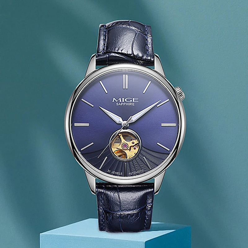 MIGE Men Mechanical Automatic Watch Partial Hollow Blue Dial Sapphire Glass Leather Band Business Male Wristwatch