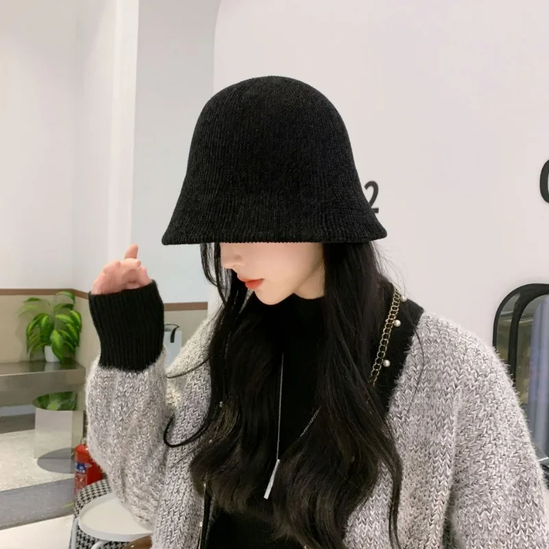 Winter Bucket Hat for Women Solid Color Thickened Warm Cap French Wool Hat Lady Panama Outdoor Hiking Knitted Fisherman Hat