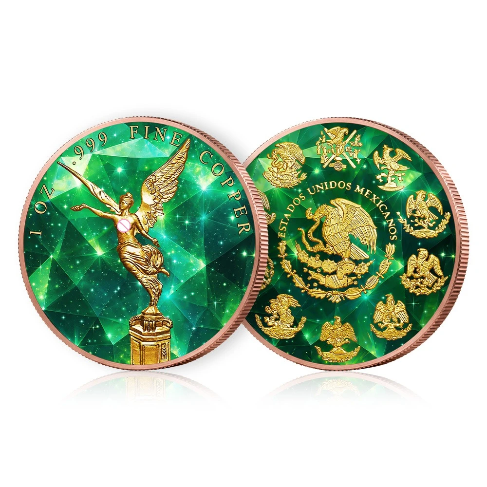5oz/1oz .999 Fine Copper Mexican Libertad Commemorative Coin Green Crystal Gold Plated Angel Statue Collectible Medal Souvenir