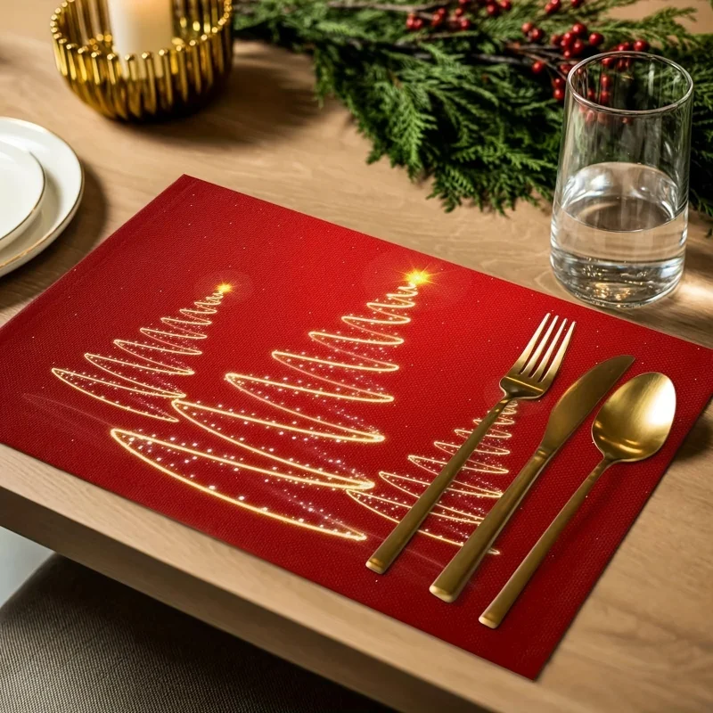 Red Base Golden Line Christmas Tree Print Linen Placemats, Glowing Light Effect Pattern Table Mats for Xmas Winter Holiday