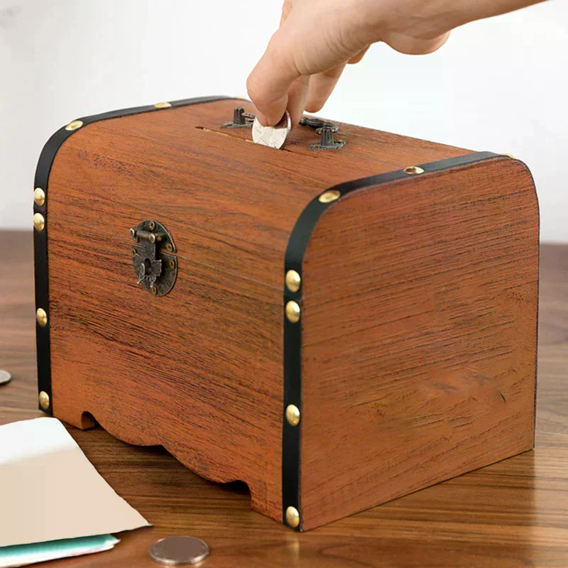 Set Case for Home Vintage Treasure Storage Box Wooden Chest With Lock Piggy Bank Organizer Saving Decoration