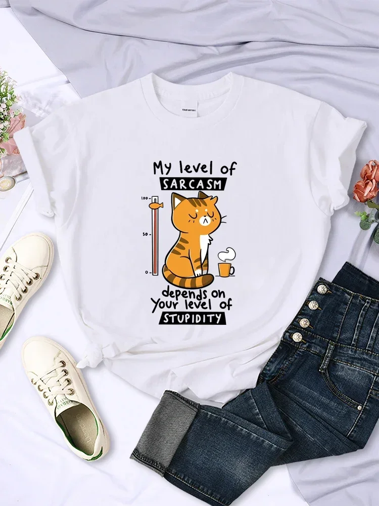 Funny My Level of Sarcasm Depends on Your Level of Stupidity Graphic Women T Shirts Sarcasm Level Cat Tees 2024 Summer T Shirts