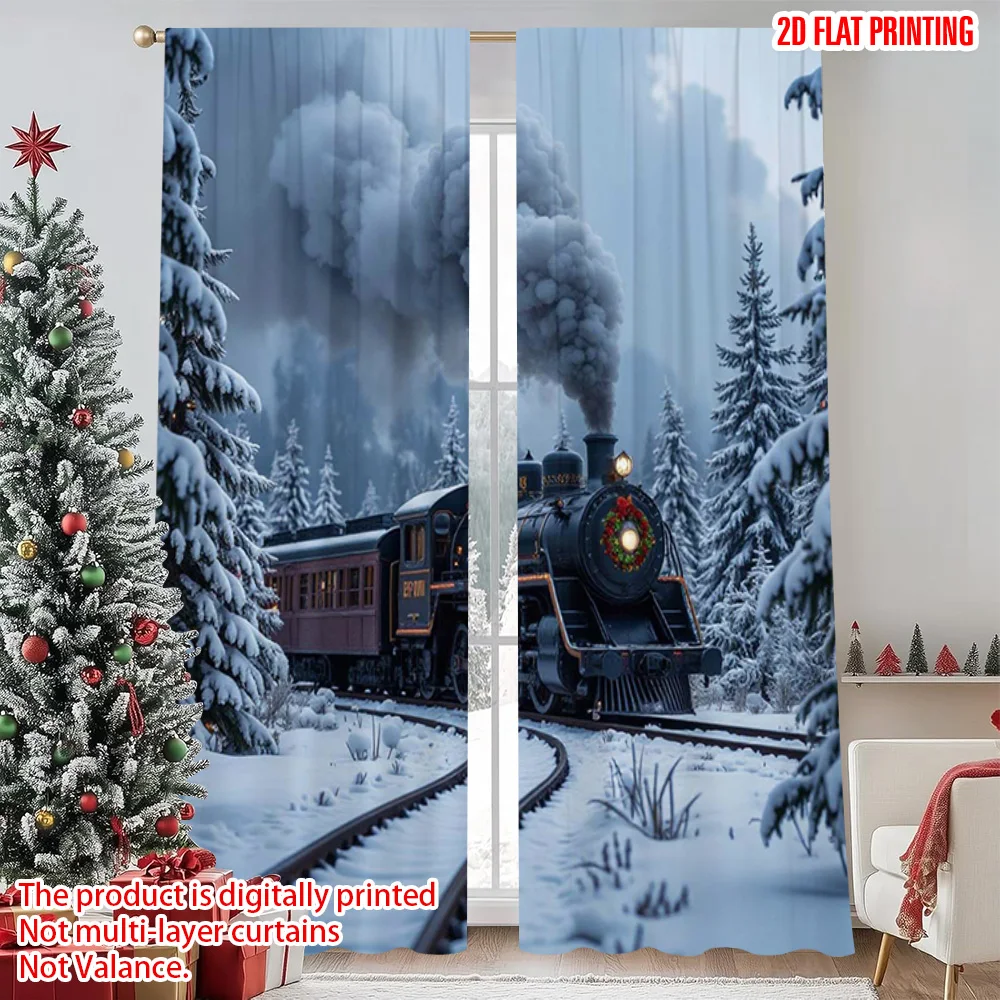 

2pcs 2D flat printing Merry Christmas Popular Window Drapes Vintage steam locomotive Christmas Versatile Polyester Fabric