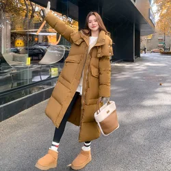 New Golden Brown 90% White Goose Down Down Jacket Winter Warm Coat Long Hooded Parka Korean Knee-length Thickened Bread Clothing