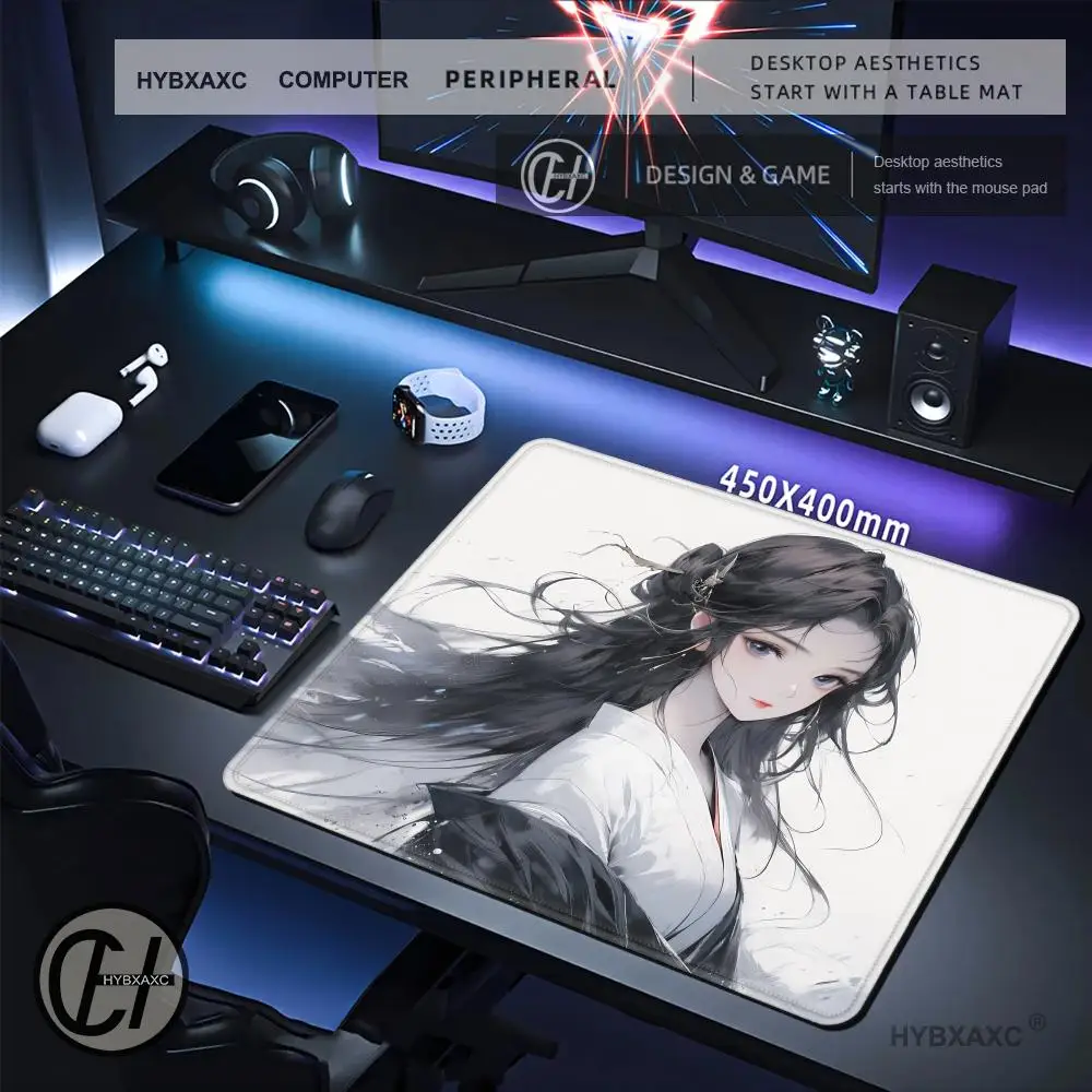 HYBXAXC Chinese Style Ink Wash Anime Girl Mouse Pad,Aesthetic Traditional Gaming Oriental Aesthetic Desk Decor for Art Lovers