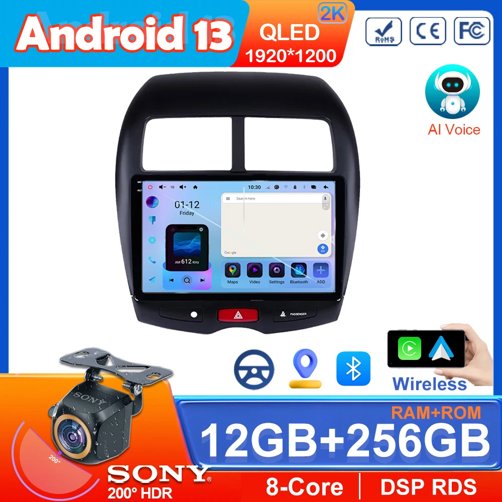 Carro DVD Multimedia Player para Mitsubishi ASX 1 2010-2016, Navegação GPS, Auto Rádio, Android 13, Unidade Principal, Carplay, No 2 Din