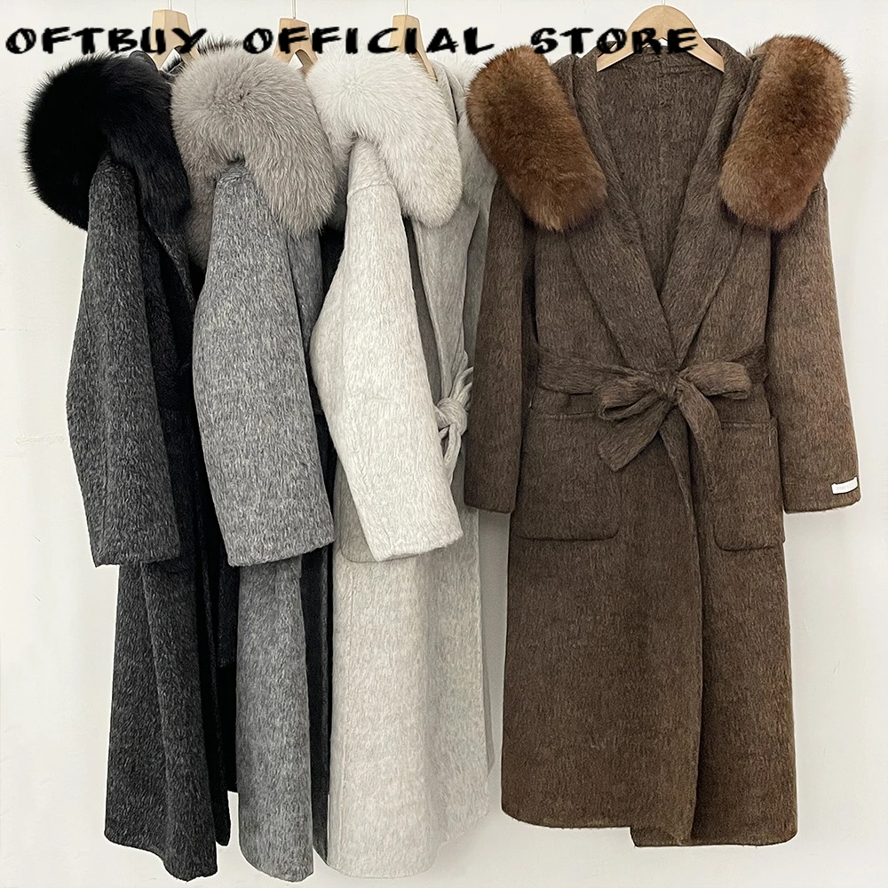 Women Woolen Coat Tie Waist Thick Real Fur Coat Commuting Style Woon Blend Long Overcoat with Fur Fall Winter Cold Season