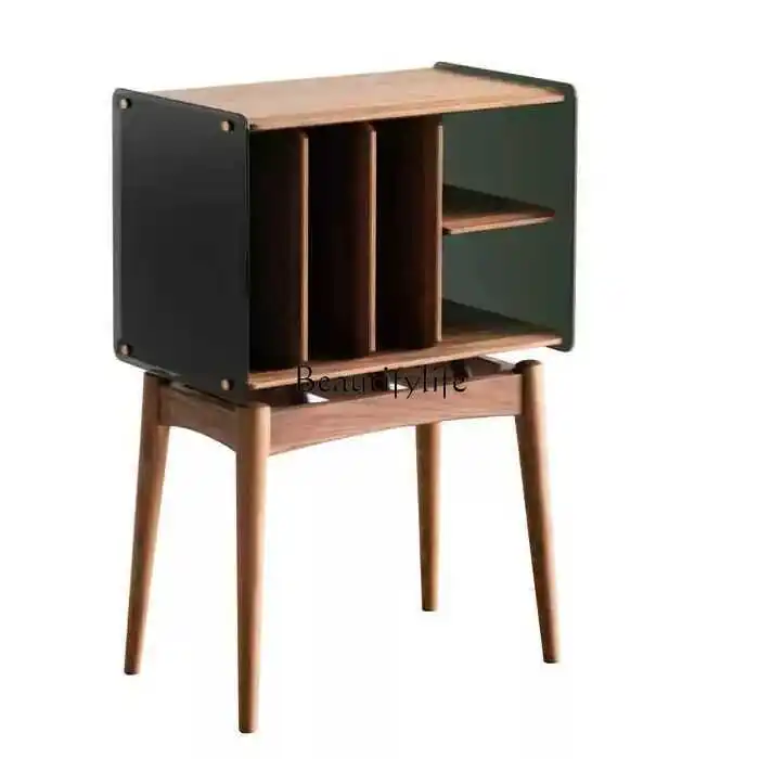 

Nordic Magazine Cabinet Book Vinyl Record Player Solid Wood Black Walnut Side Cabinet Wabi Sand Acrylic Plate