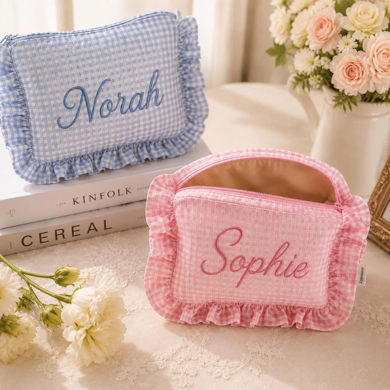 Customized Name Bridesmaid Proposal Pouch, Embroidered Gingham Makeup Bag, Bachelorette Party Gift, Bridal Shower Cosmetic Bag