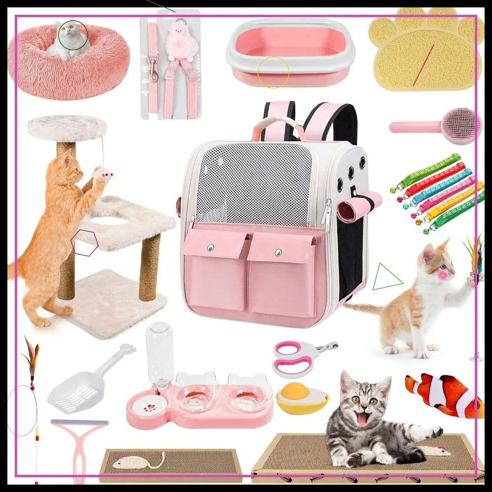 

20-Piece Kitten Starter Kit: Bed, Carrier, Litter Box & More for New Cat Owners - Pink