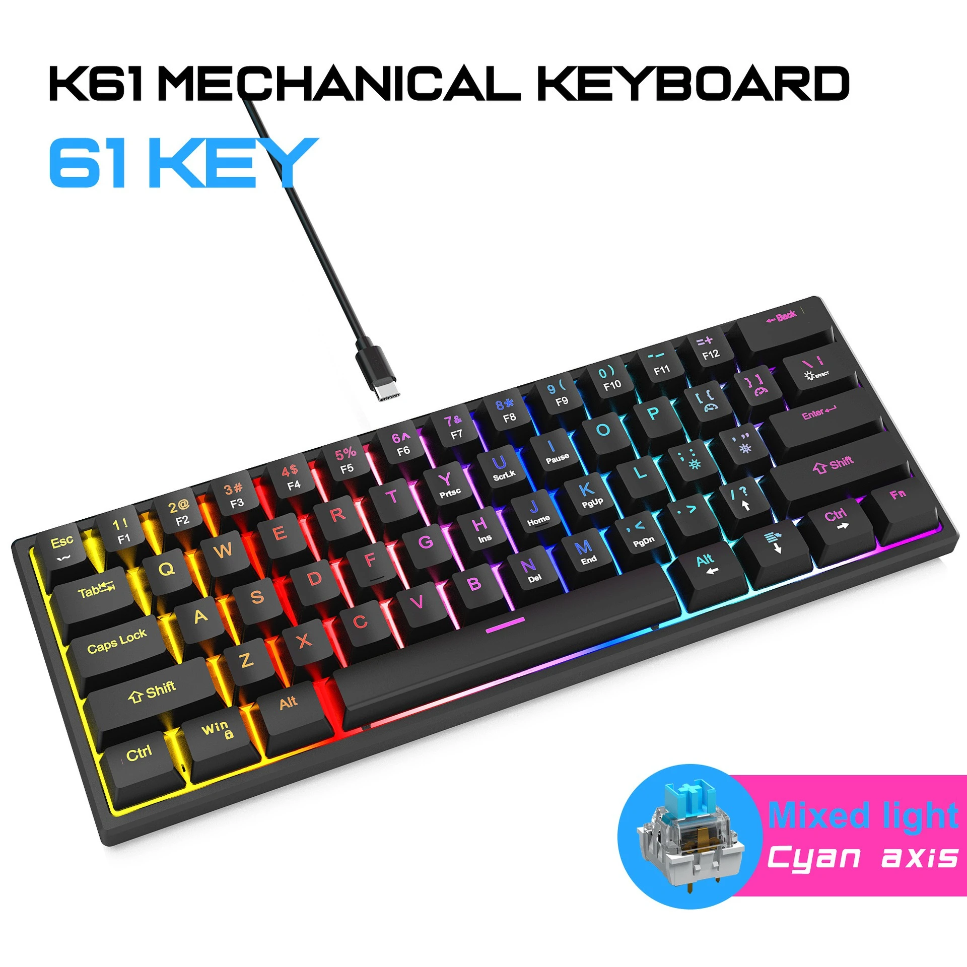 Wired Mechanical Keyboard Green Axis Teclados 60% Mini PC 61Keys Tastiera Gaming Portable Backlit Laptop Keyboards Black White