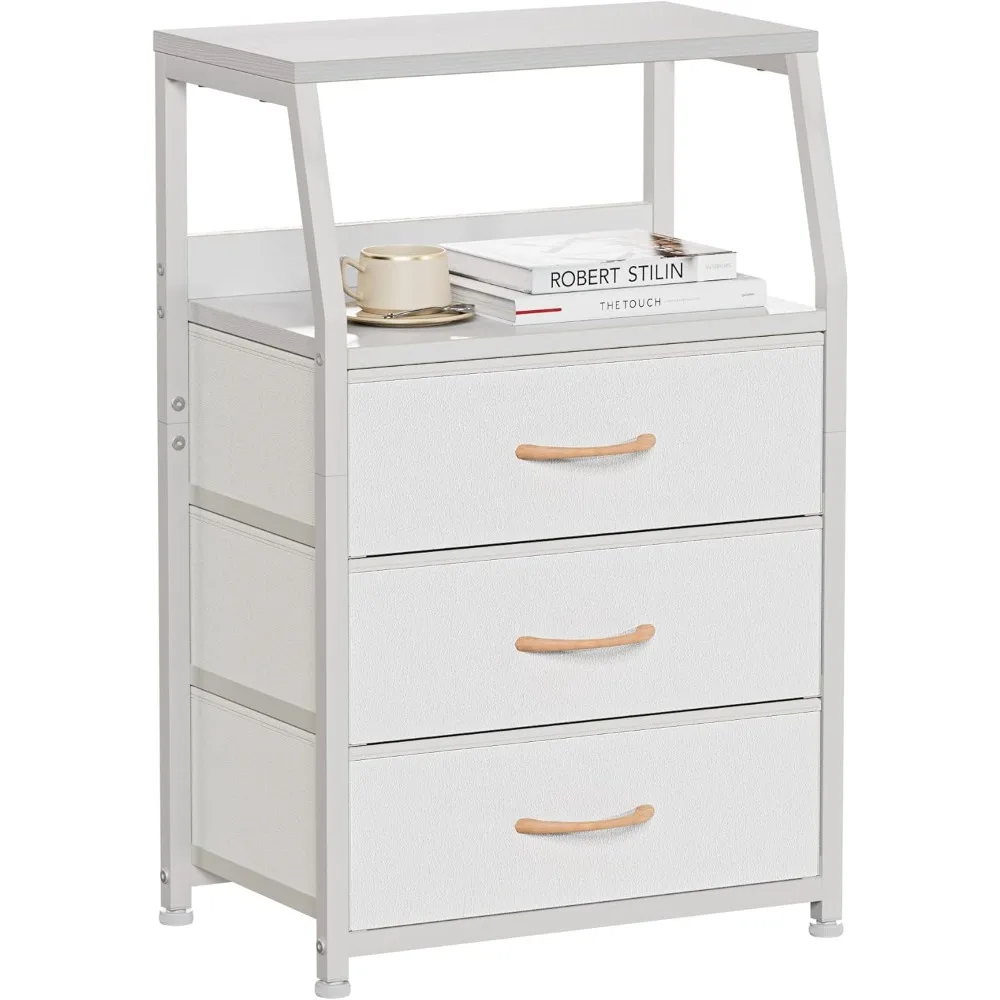 

White Nightstand with 3 Drawers and 2-Tier Shelf, Small Night Stand End Table Side Furniture, Fabric Storage Organizer for Bedr