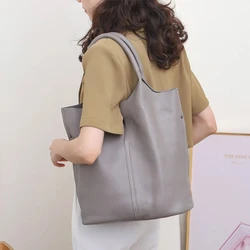 Genuine Leather Commuter Tote Bag Niche Simple Ladies Soft Leather Tote Shoulder Handbag Large Capacity Bucket Bag For Women