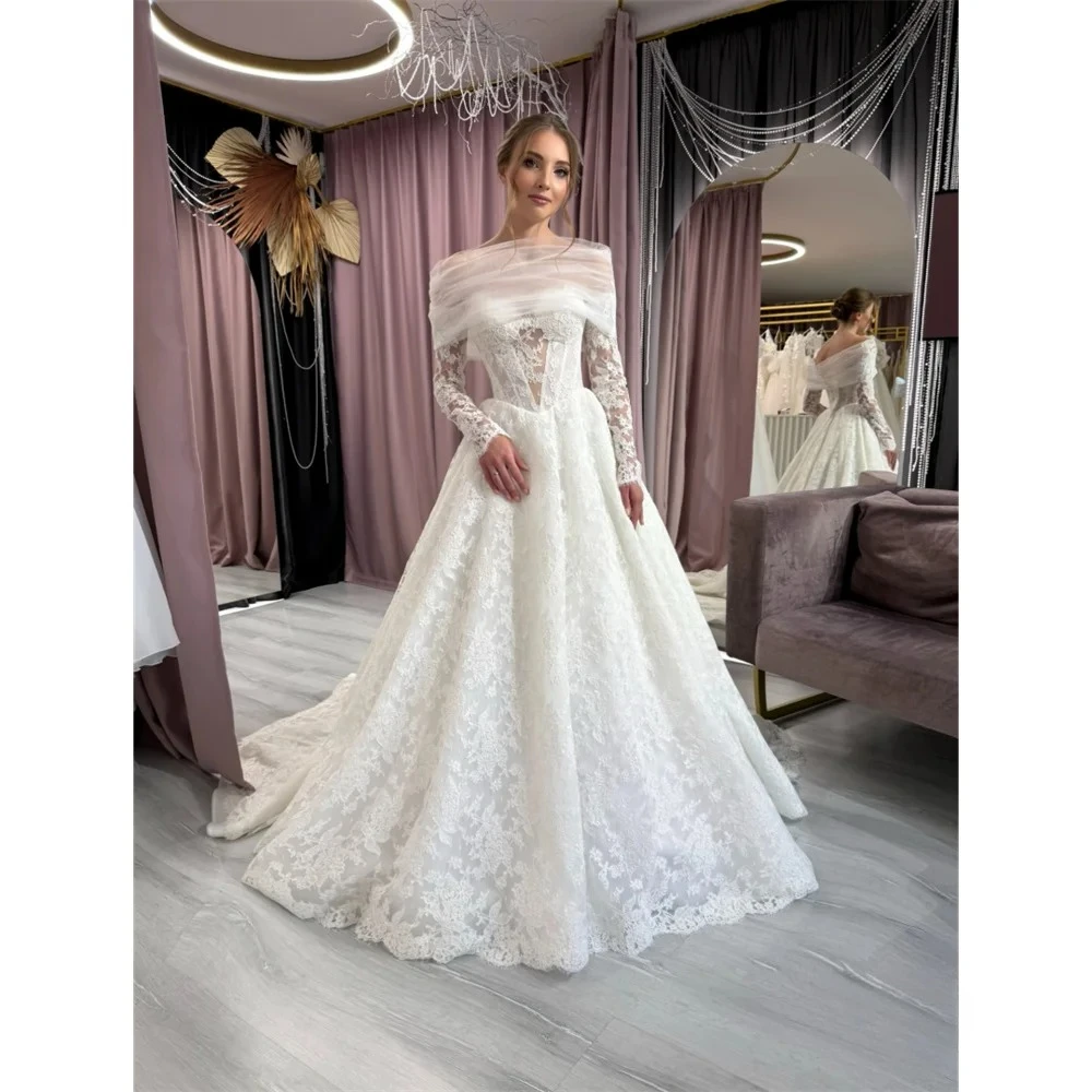 Customized Elegant Detachable Tulle Shawl Long Sleeves Corset A-line Wedding Dresses Court Train White Floral Lace Bridal Gowns
