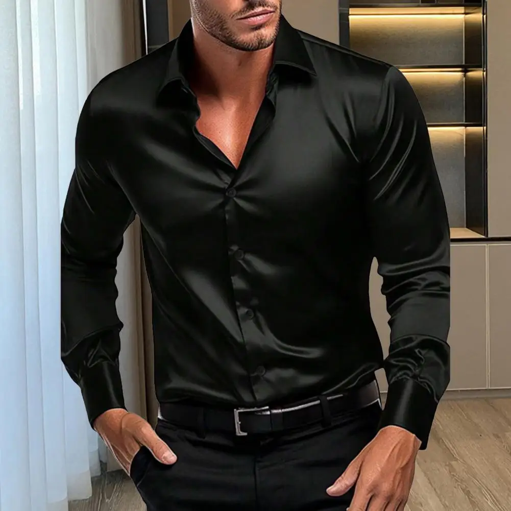 Turn-down Collar Shirt Men's Satin Button-down Cardigan Shirt for Fall Spring Office Wear Slim Fit Long Sleeves Casual Top