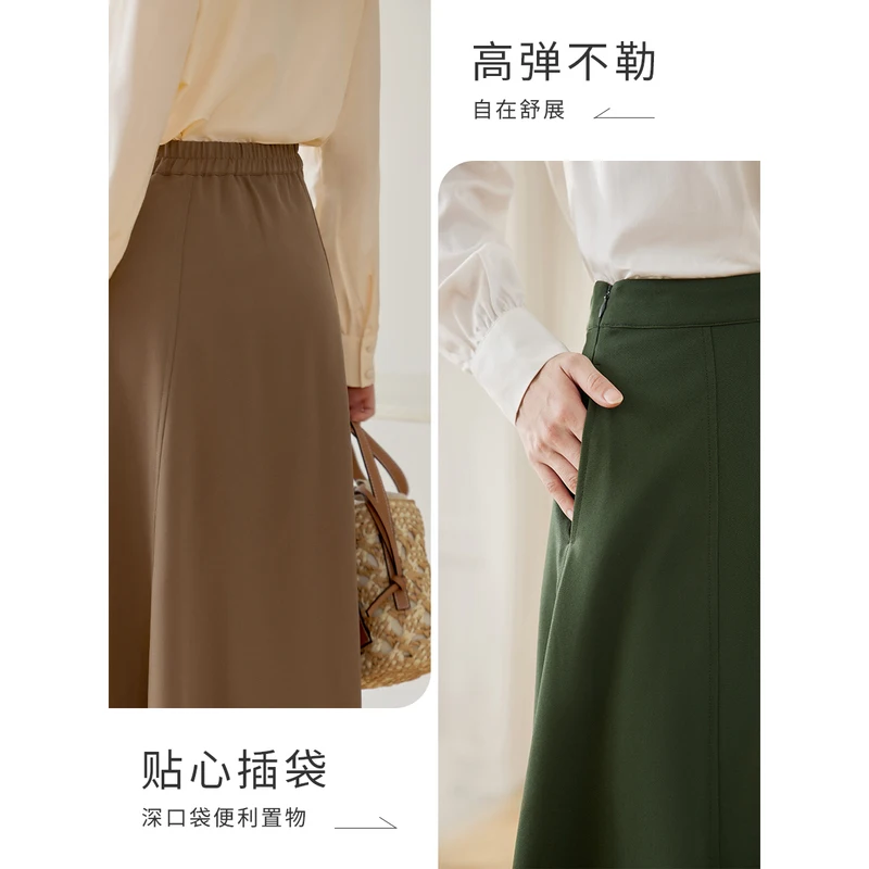 INMAN Women Skirt 2023 Spring Elastic Waist A-shaped Loose Side Pockets Green Coffee Elegant Office Mid-length Skirt