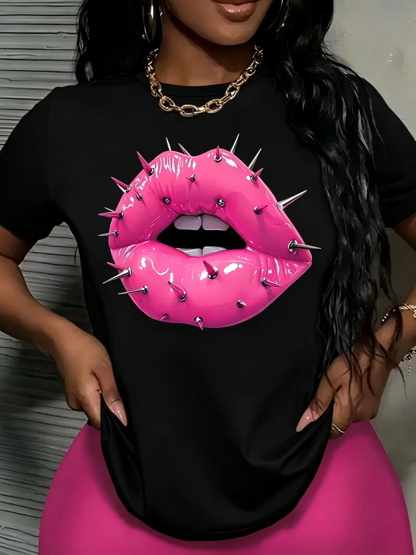 Women Punk Spiked Lips Graphic T‑Shirt Cool Glossy Rivet Lip Print Short Sleeve Tee Y2K Gothic Casual Daily Streetwear Tops