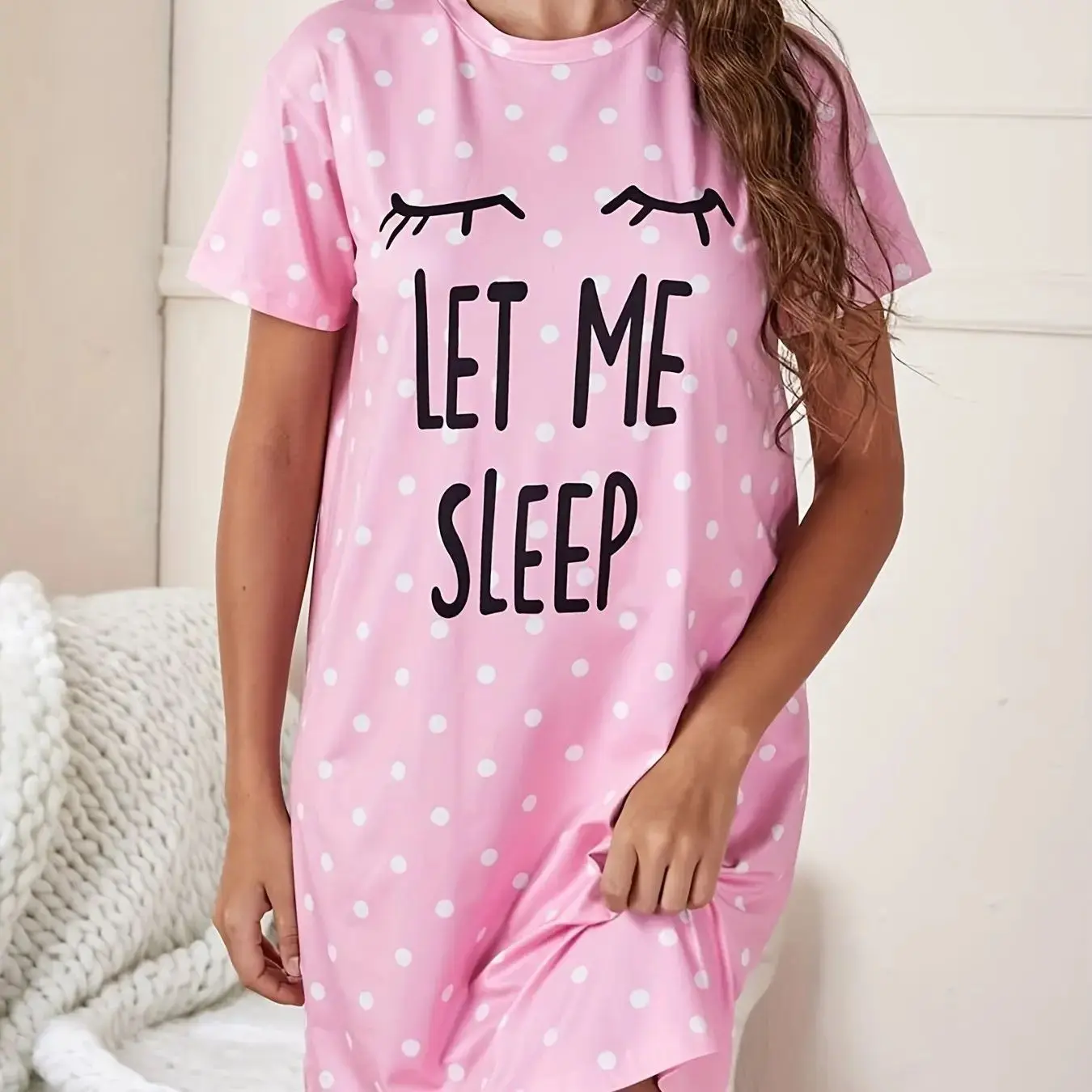 

Womens LET ME SLEEP Print Polka Dot Nightdress Short Sleeve Loose Fit Sleepwear Casual Loungewear Nightshirt Daily Home Wear
