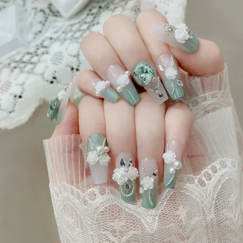24 Uñas Postizas Negras con Moño, Bailarina, Desmontables, Cuadradas, Cobertura Completa 5