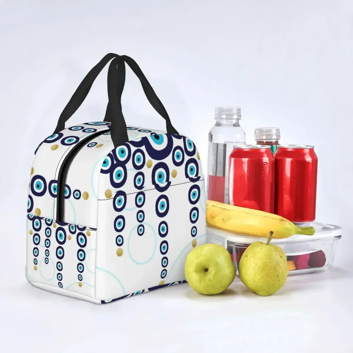 Blue Gold Evil Eye Hanging Beads Thermal Insulated Lunch Bags Nazar Hamsa Bohemian Portable Lunch Tote Multifunction Food Box