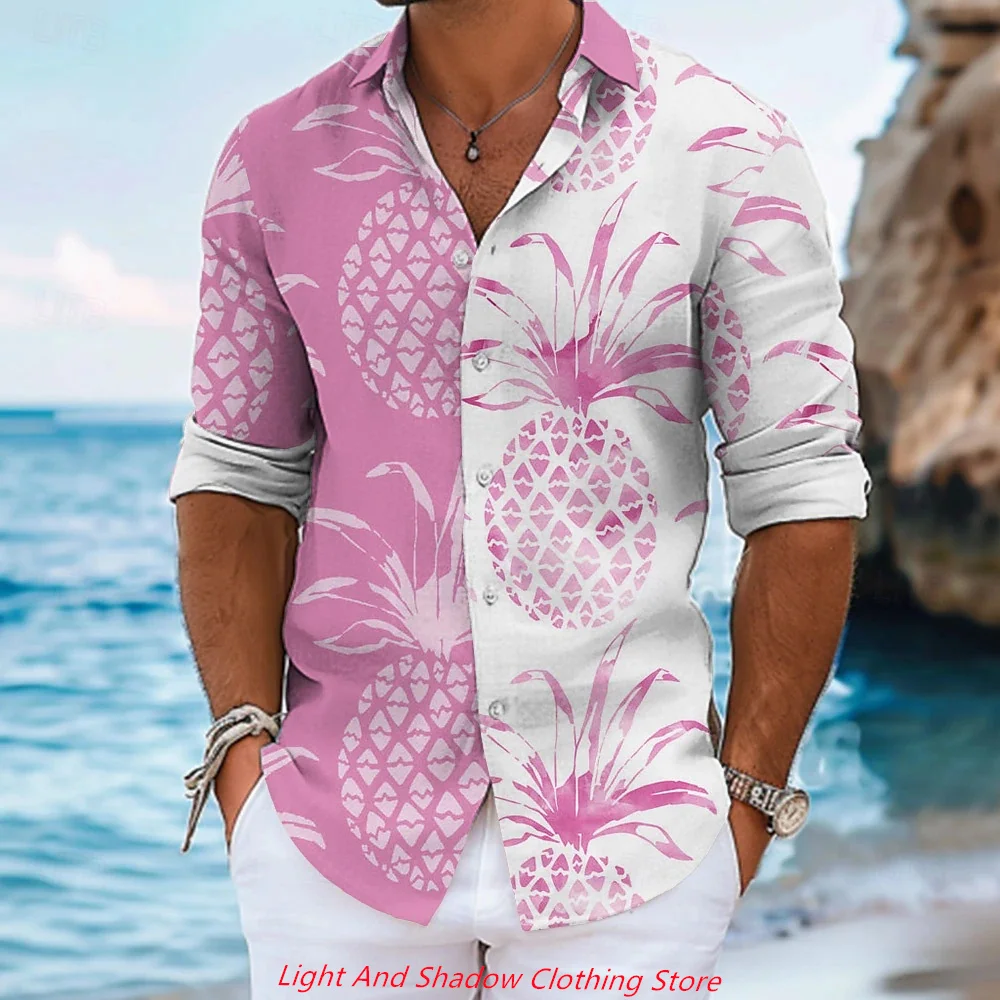 

2025 Men's Shirt Pineapple Fruit Pattern Printed Long Sleeve Shirt Comfortable, Soft, Casual Collar Button Men's Clothing XS-6XL