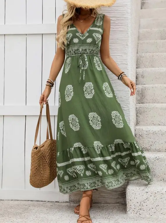 

Women's Dress Summer New Bohemian Style Printed V-Neck Elegant Vacation Style Casual Lace Up Waist A-Line Sleeveless Long Dress