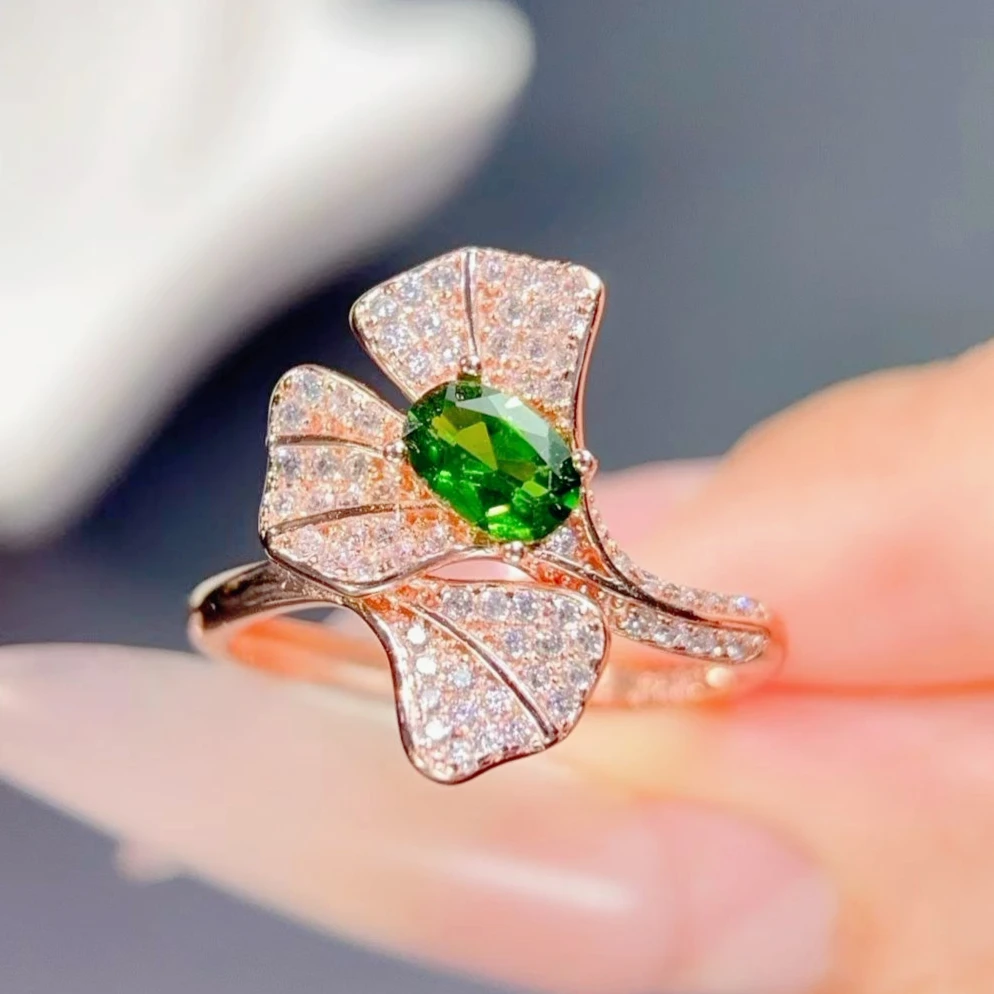 Genuine 925 Silver Diopside Ring 4x6mm 0.5ct Natural Diopside Jewelry with Certificate 18K Gold Plated Silver Leaf Ring