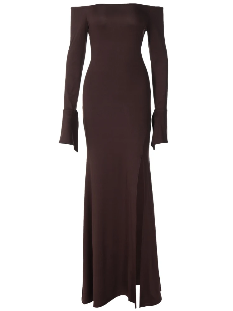 Elegancka sukienka maxi z odkrytymi ramionami, długim rękawem, wiązana w talii, dopasowana, z wysokim rozcięciem, w stylu syreny, vintage chic.