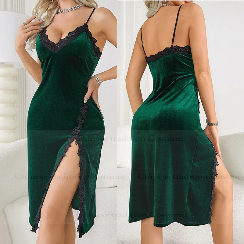 

Lace Trim Sleepwear Velour Home Dressing Gown Women Warm Nightdress Spaghetti Strap Autumn Winter New Pajamas Lingerie