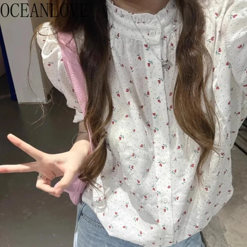 

OCEANLOVE Sweet Blouses Print Floral Puff Sleeve Stand Collar Spring Summer Women Shirts Korean Fashion Ruffles Blusas Mujer