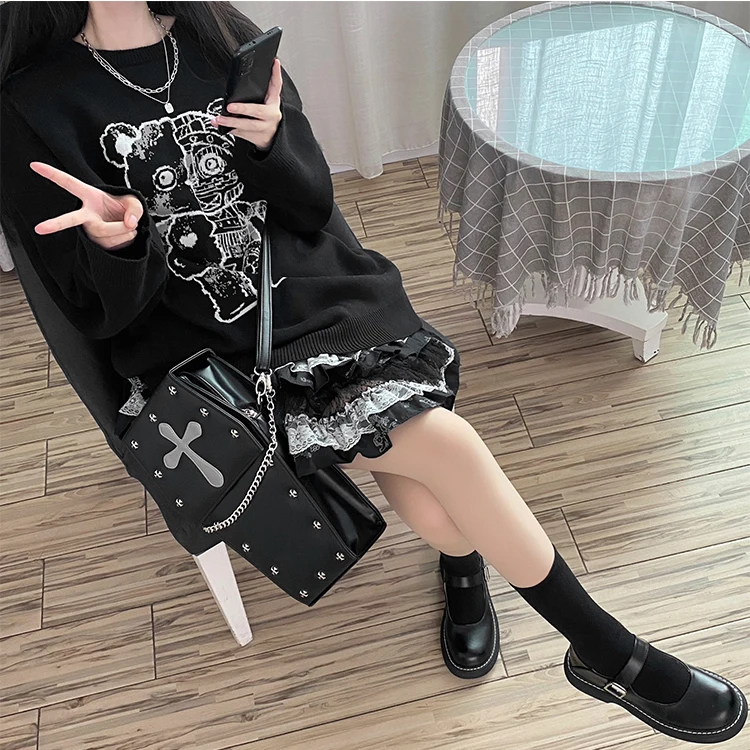 Punk Goth Style Women Shoulder Bag Fashion Coffin Shape Lolita Purses and Handbags for Girls Female Black Crossbody 3 Ways Bag