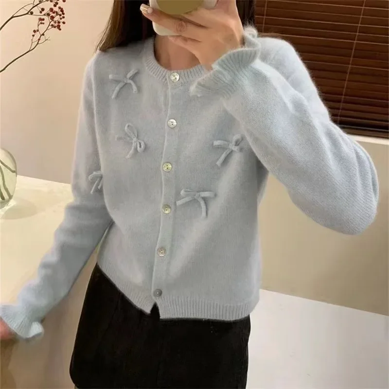 Neploe Sweet Bowknot O-Neck Knitted Cardigan Femme 2024 Autumn Winter Single Breasted Gentle Style Flared Sleeve Sweater Coats