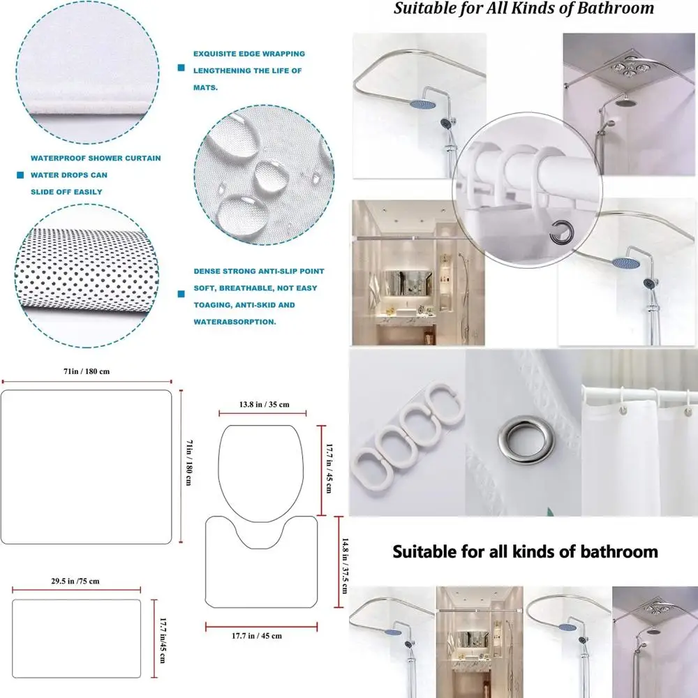 

72 x 72 Waterproof Bathroom Set: Shower Curtain, Toilet Seat Cover, Mats & Rugs for Decorative Bathroom