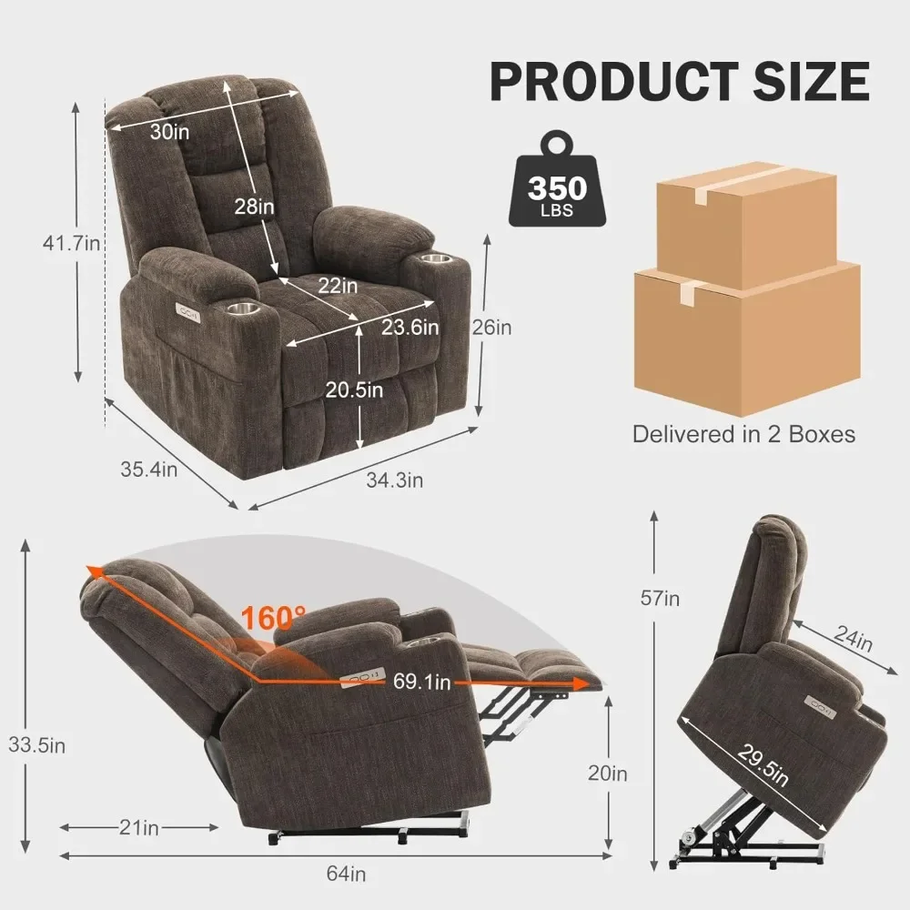 Power Lift Recliner Chair with Heated and Massage, Upgraded Chenille Fabric Lift Chairs w/ 2 Side Pockets & 2 Metal Cup Holders