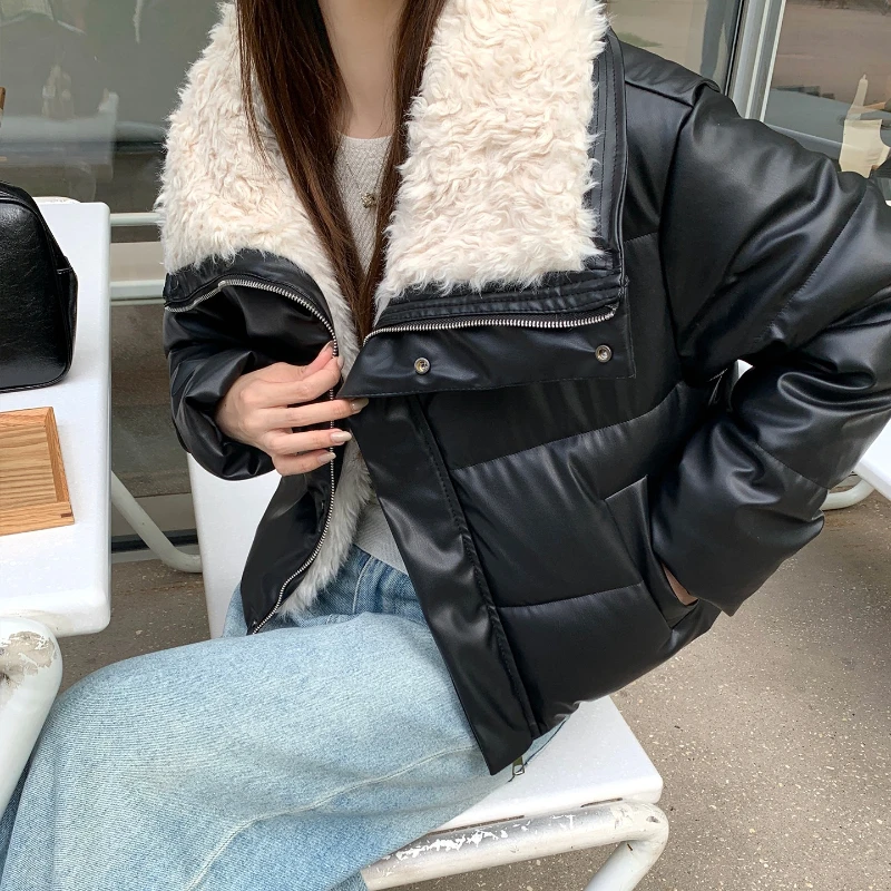 سترة كلاسيكية سميكة من جلد الضأن الصناعي من جلد البولي يوريثان للنساء شتوية Y2K ملابس الشارع الشهير معاطف للدراجات النارية Bf ملابس خارجية أمريكية دافئة 2025