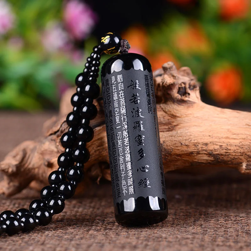 

Natural Obsidian Buddhist Sutra Pendant Beads Necklace Charm Jewellery Fashion Accessories Hand-Carved Lucky Amulet Gifts