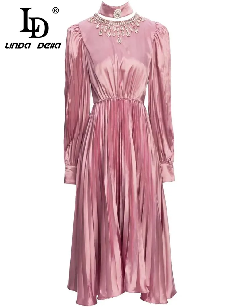 

LD LINDA DELLA Fashion Runway Autumn Winter Dress Women's Gorgeous Crystal Beading Long sleeve Slim Pink Pleated Midi Dresses