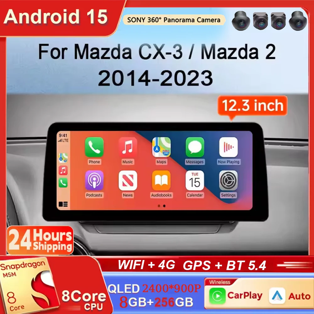Radio para Auto con Pantalla de 12.3 Pulgadas, Android 15, 4G, WIFI, Carplay, Reproductor Multimedia Estéreo, GPS, para Mazda CX-3 DK Mazda 2 DJ 2014-2023