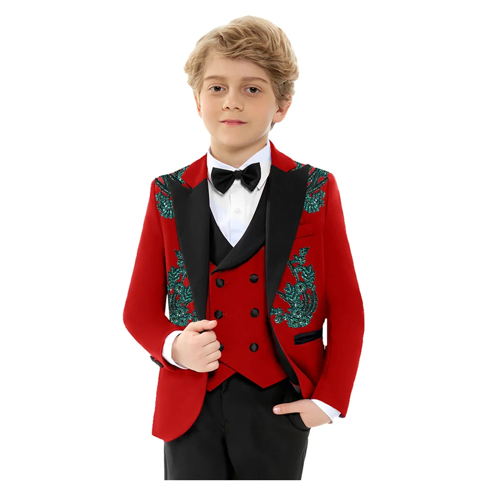 Christmas Boys Slim Fit Suis 4 Pieces Jacket Vest Pants Bow-tie Exquisite Red Beaded Suit Set Birthday Party Outfit 3-14T