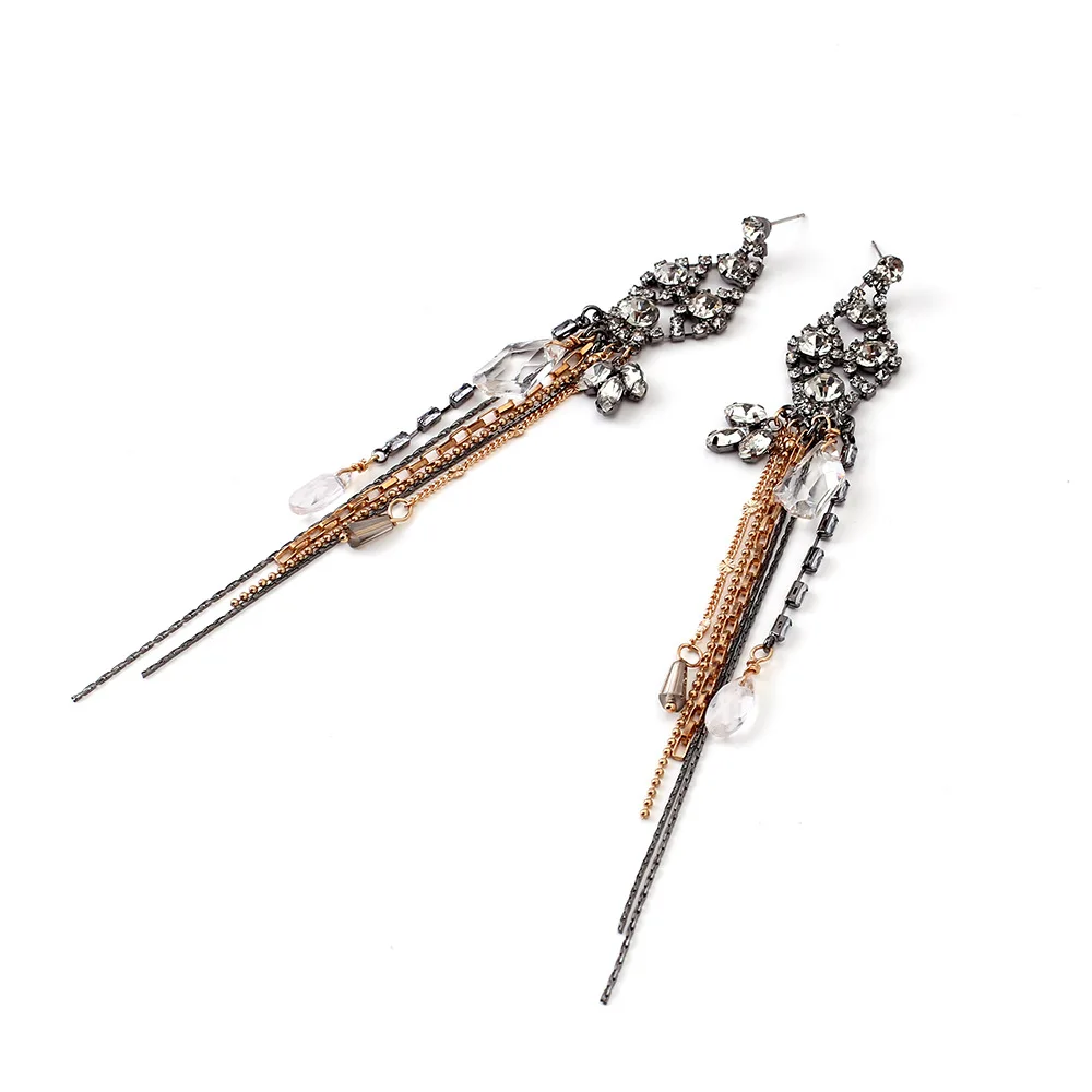 Vintage Kristall-Quasten-Ohrringe für Damen, lange Metallketten-Strass-Hängeohrringe, Statement-Schmuck für Hochzeit und Party – Detail 3